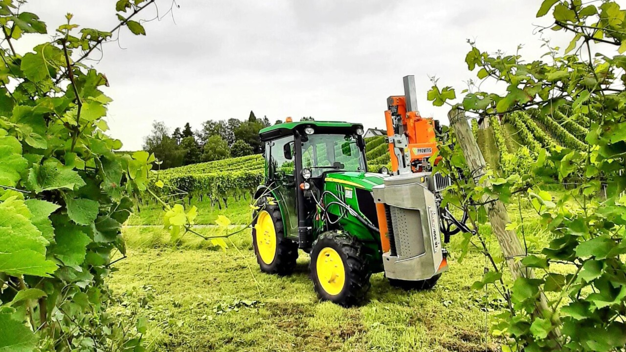 John Deere 5090GF mit Entlauber von Provitis in Weinreben bei Meersburg am Bodensee.