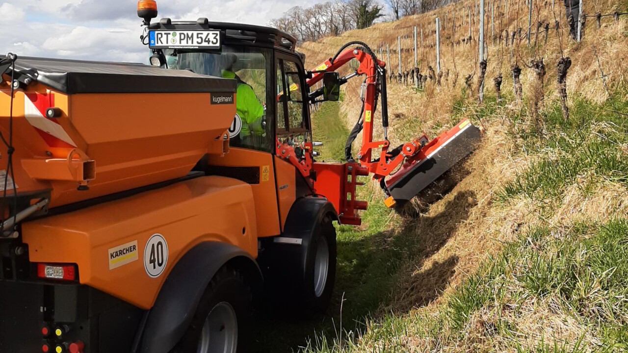 Holder S75 mit Auslegemulcher DMB400 in Weinterrasse des Staatsweinguts Meersburg.