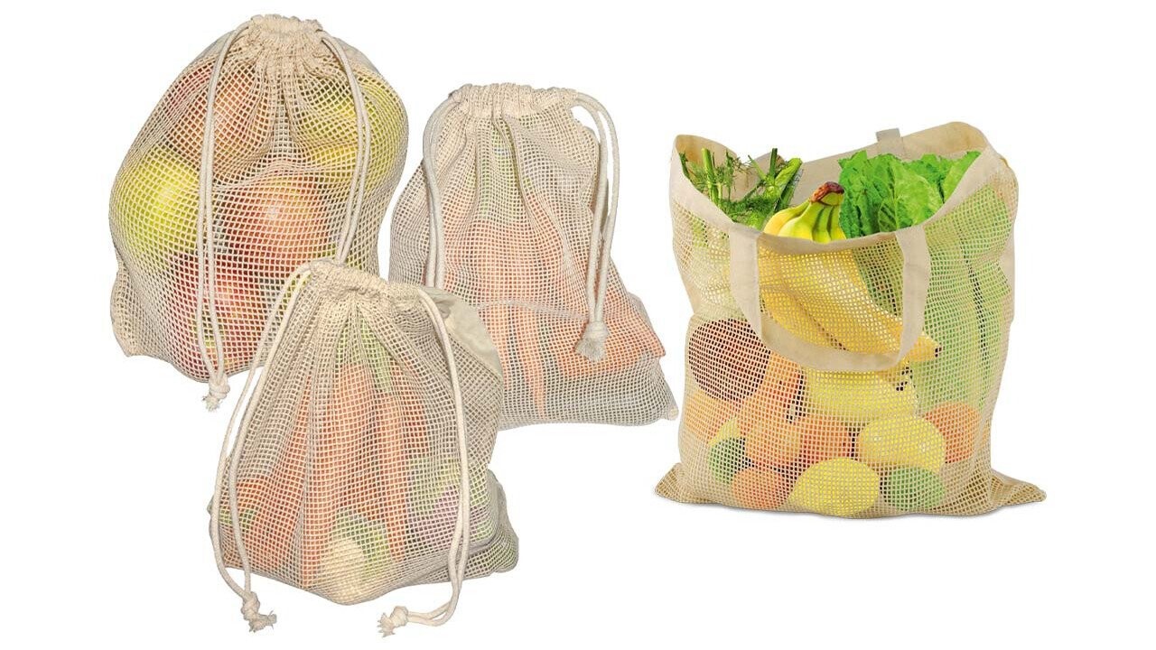 Veggie bags with a drawstring or two short handles.