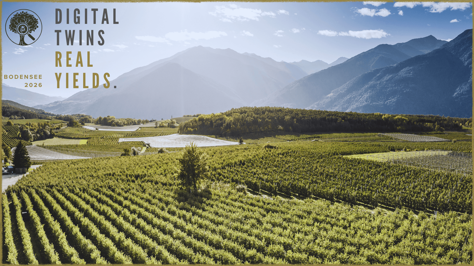 Aerial view of lush green vineyards with mountains in the background. Sunlight streams through clouds. Text on image reads: DIGITAL TWINS REAL YIELDS. BODENSEE 2026 in bold letters, with a logo in the top left corner.