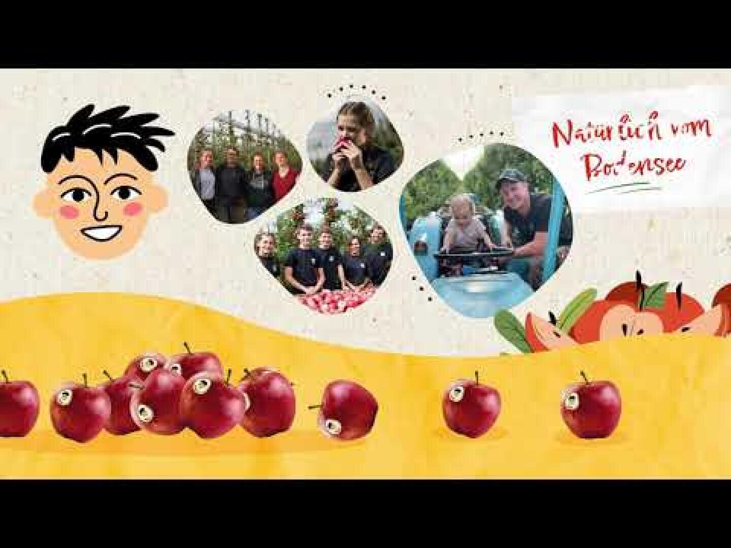 A collage with apples, cartoon faces and photos of people picking apples, eating apples and riding on a tractor. There is a handwritten text that reads: Naturally from Lake Constance.