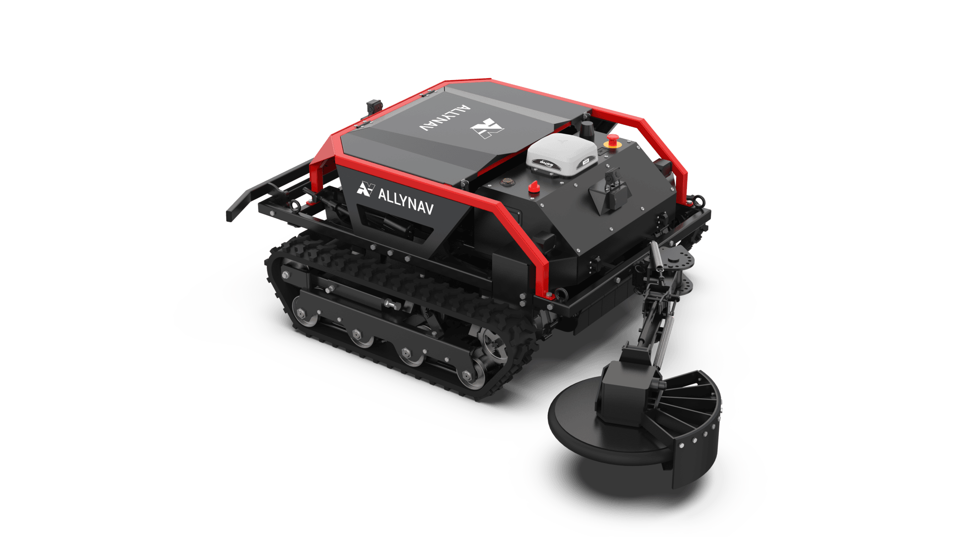 A compact, black and red tracked robotic vehicle with ALLYNAV branding, with a sensor and camera on the top and a large circular mounting arm extending from the front.