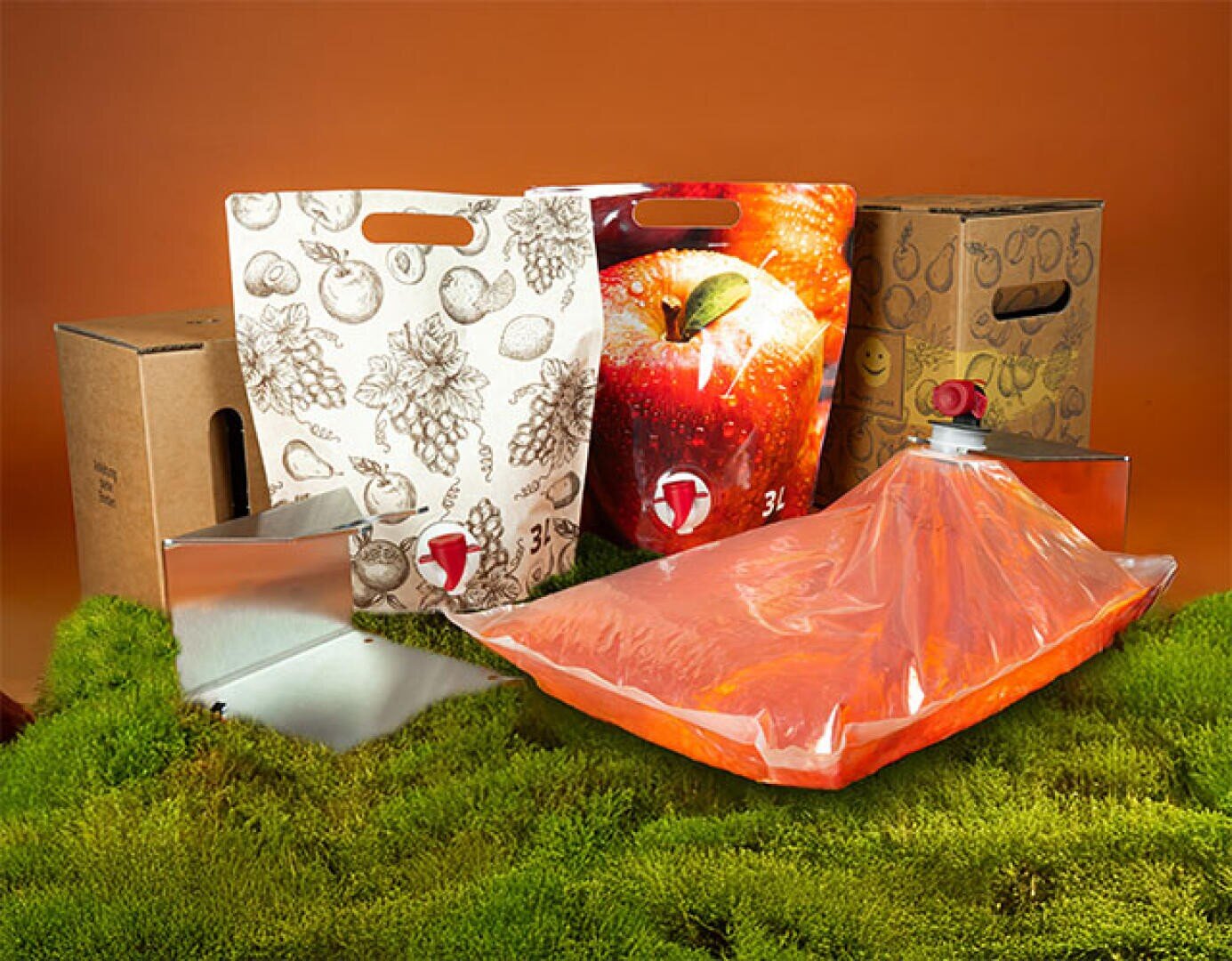 Various bag-in-box beverage containers and bags with fruit motifs are displayed on green moss against an orange background. Some cans stand upright, while a bag filled with plastic lies flat in front of you.