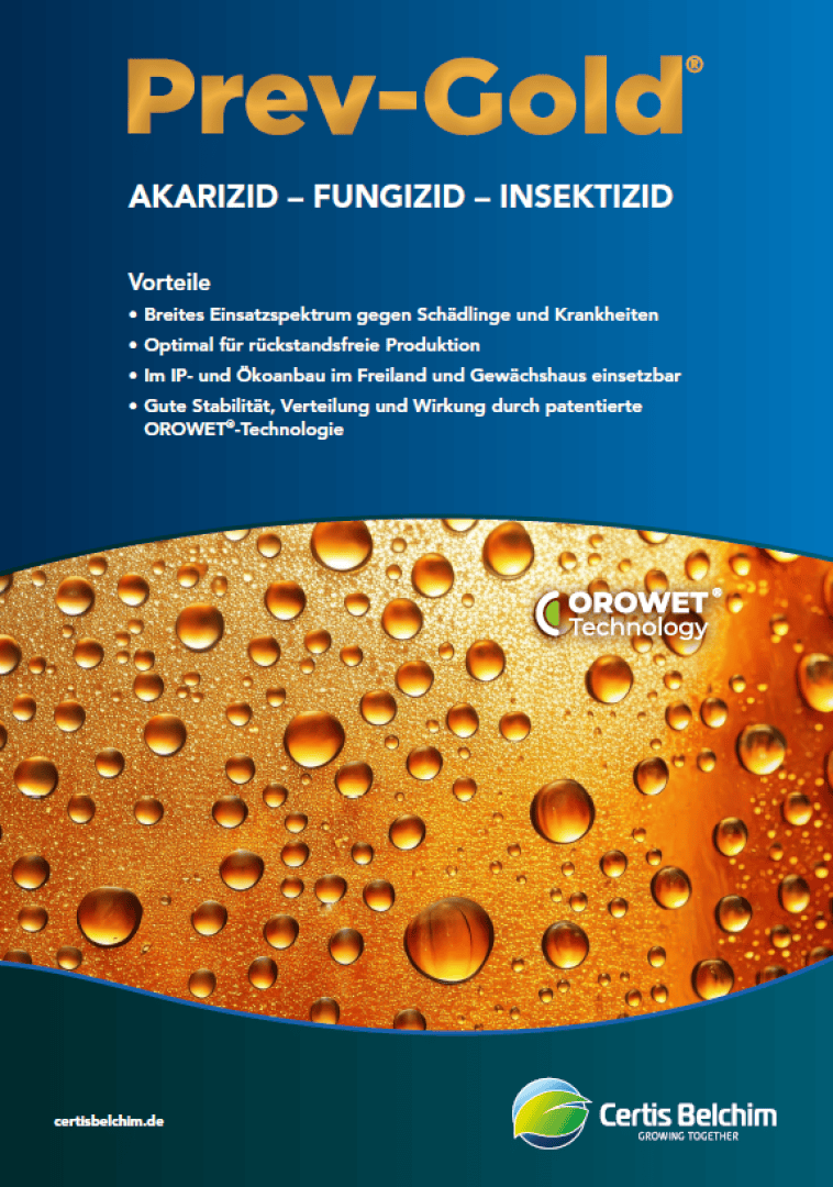 Prev-Gold® product poster with orange water droplets on a surface. The text highlights its use as an acaricide, fungicide and insecticide, lists the benefits and shows the Certis Belchim and OROWET® Technology logos.
