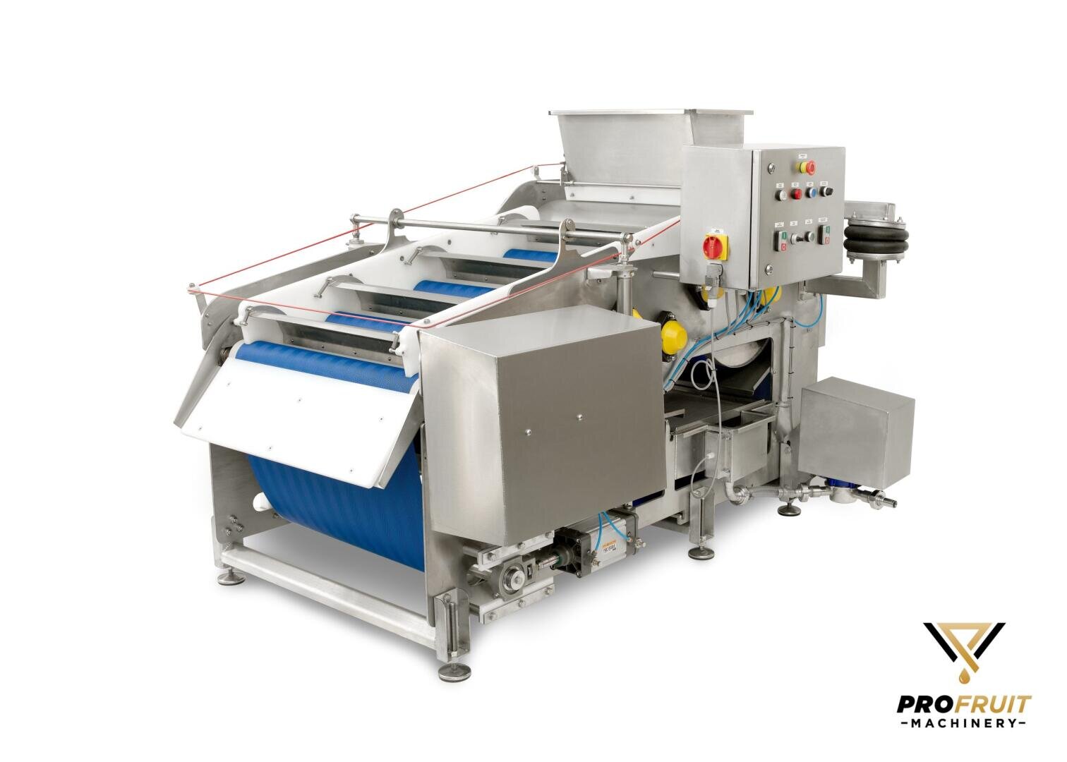 Eine industrielle Obstverarbeitungsmaschine aus Edelstahl mit Bedienfeld, blauen Förderbändern und verschiedenen Hebeln und Rohren. In der unteren rechten Ecke ist das Logo "PROFRUIT MACHINERY" zu sehen.