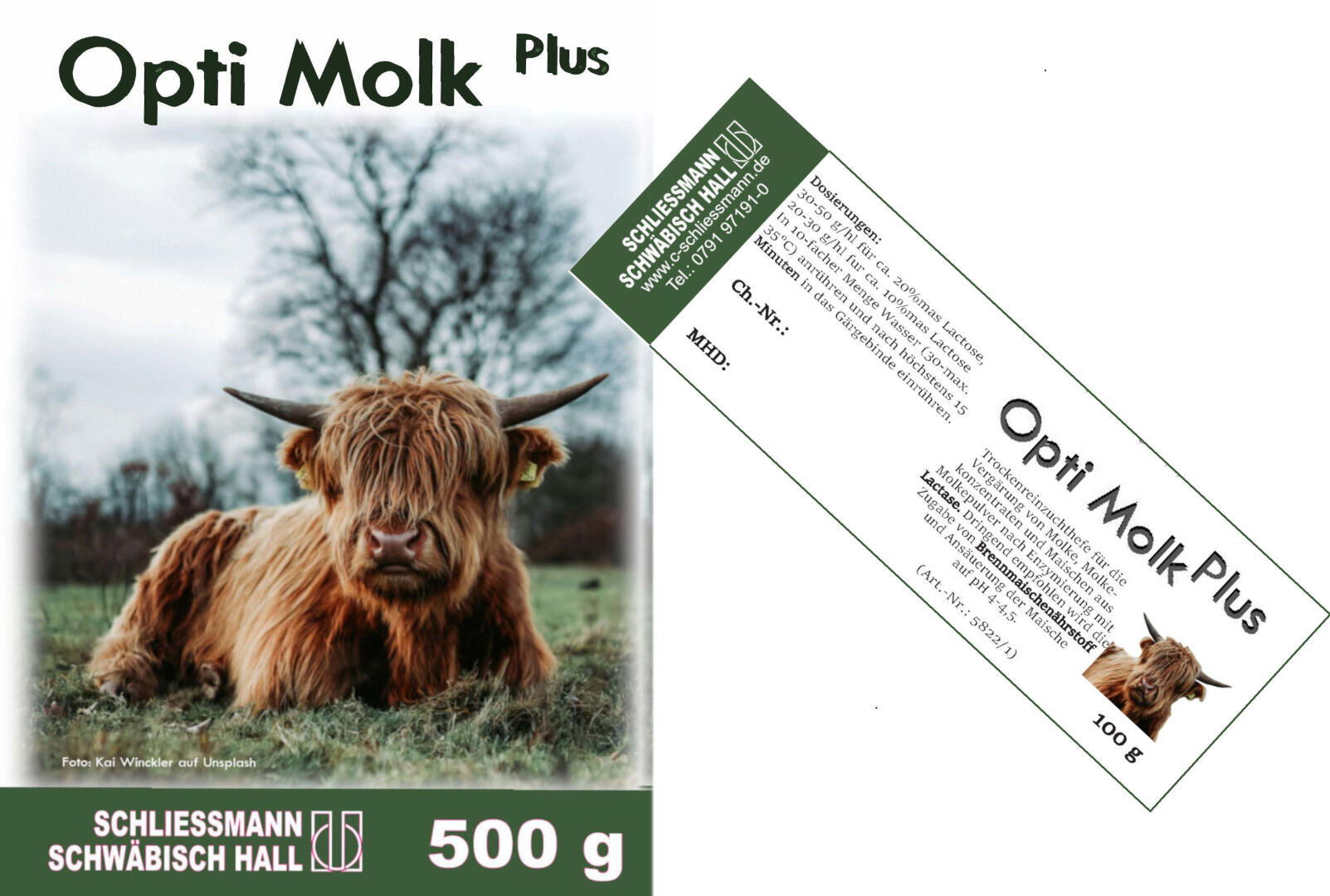 A product label for Opti Molk Plus showing a long-haired brown cow lying in the grass with trees in the background. The label shows 500 g and the logo of Schließmann Schwäbisch Hall at the bottom.