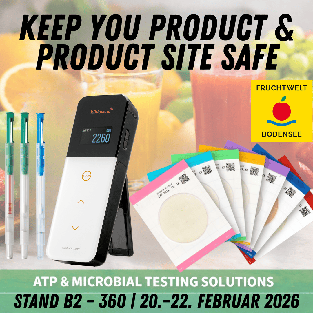 Promotional flyer for ATP & Microbial Testing Solutions featuring a handheld testing device, swabs, and test cards, with event details: Stand B2–360, 20–22 February 2026, Fruchtwelt Bodensee.