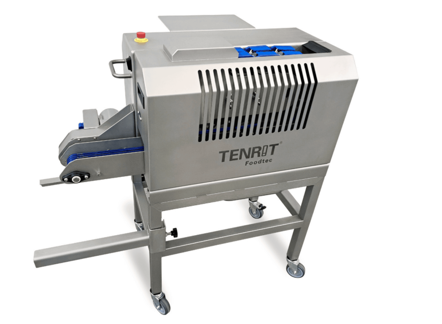 Eine industrielle Lebensmittelverarbeitungsmaschine auf Rädern aus Edelstahl mit der Aufschrift TENROT Foodtec, mit einem Förderband und Bedientasten auf der Oberseite.