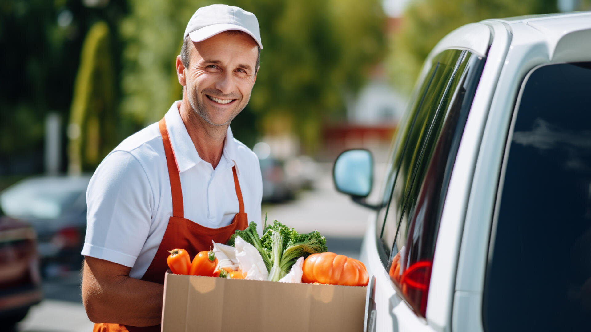 Ein lächelnder Mann in Schürze und Mütze steht an einem sonnigen Tag neben einem Auto und hält eine Kiste mit frischem Gemüse wie Paprika und Salat in der Hand.