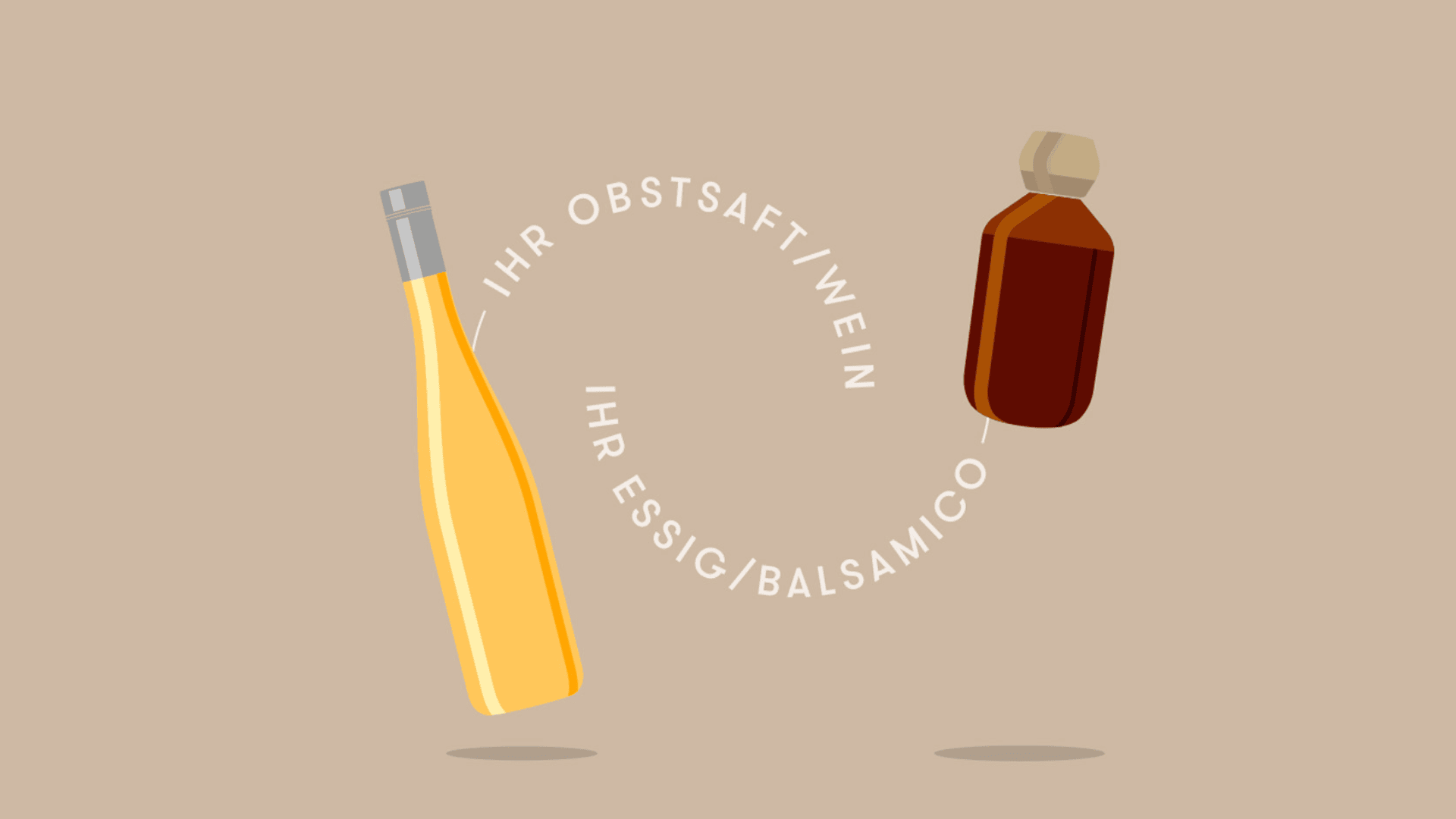 Illustration einer Weinflasche und einer kleinen braunen Flasche mit beigem Verschluss auf beigem Hintergrund. Der kreisförmige deutsche Text lautet: IHR OBSTSAFT/WEIN IHR ESSIG/BALSAMICO.
