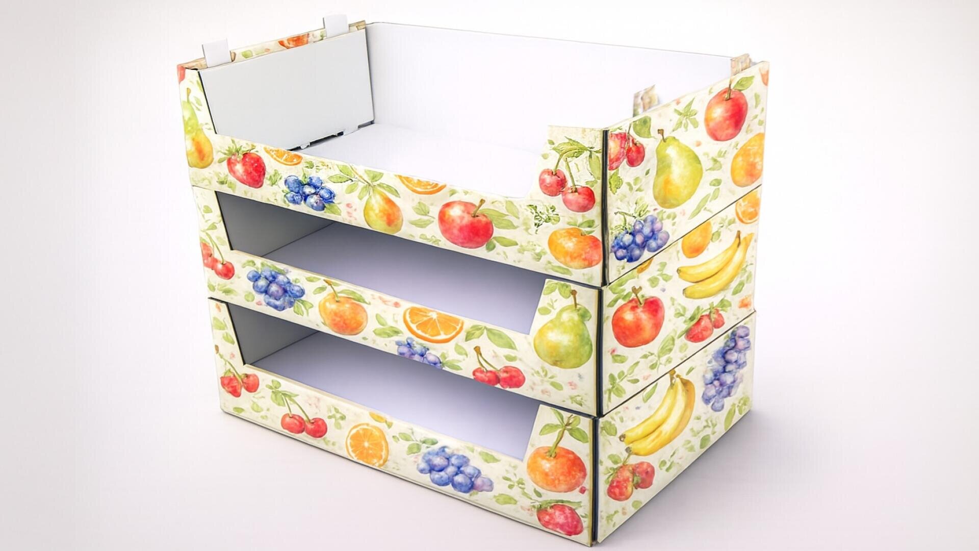 Ein farbenfrohes, dreistufiges Pappregal mit Abbildungen verschiedener Früchte, darunter Äpfel, Trauben, Birnen, Orangen, Tomaten und Bananen, auf weißem Hintergrund.