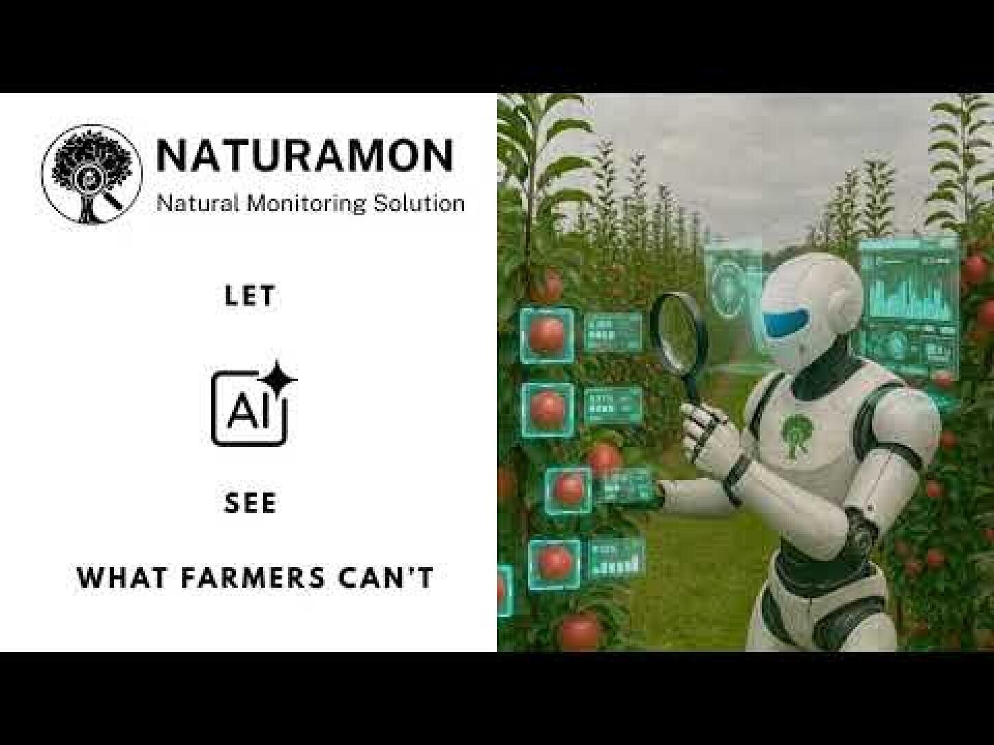 Ein Roboter mit einem Vergrößerungsglas inspiziert Äpfel in einer Obstplantage, umgeben von digitalen Datensymbolen. Der Text lautet: "NATURAMON Natural Monitoring Solution. Lassen Sie KI sehen, was Landwirte nicht sehen können.".