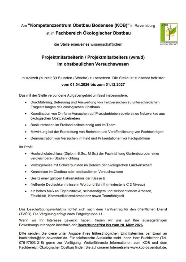 Stellenausschreibung für eine wissenschaftliche Hilfskraft am Kompetenzzentrum für Obstbau in Ravensburg mit dem Schwerpunkt ökologischer Obstbauversuche mit Aufgaben, Anforderungen und Bewerbungsdetails.
