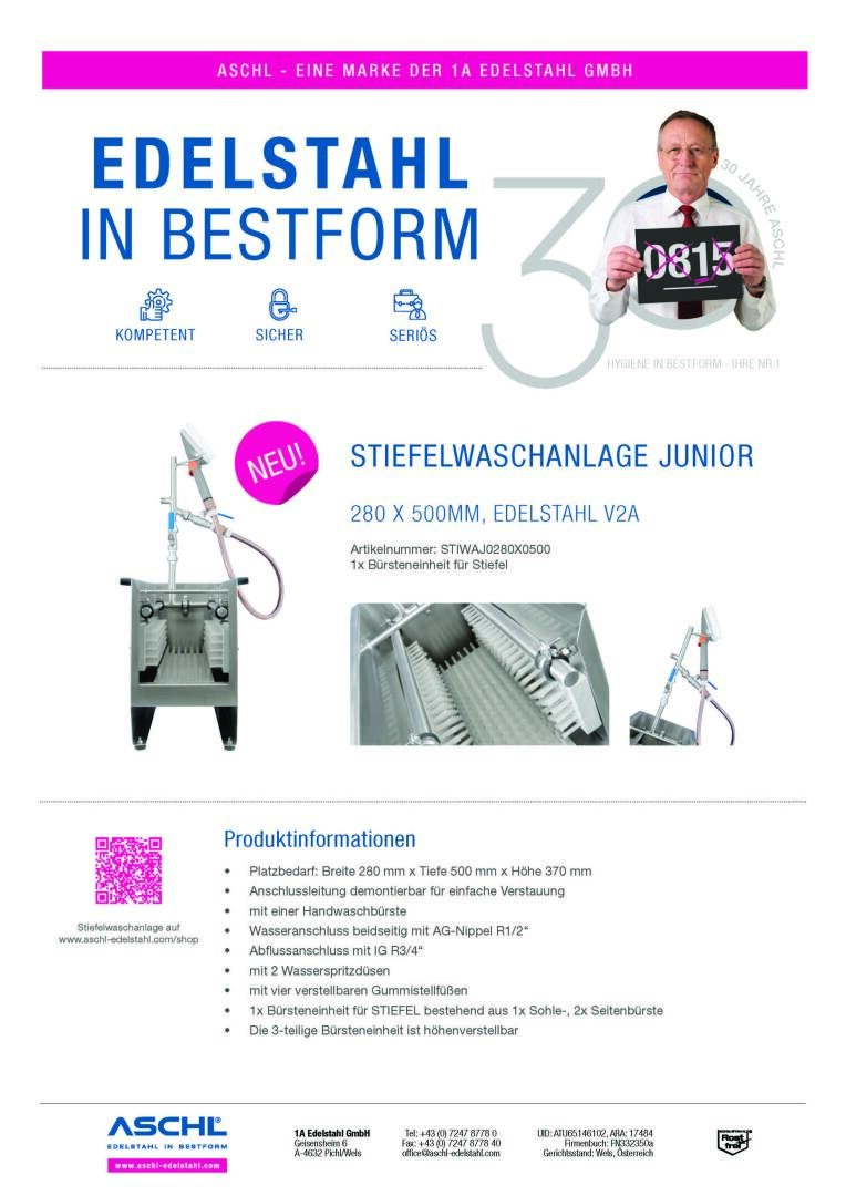 Werbung für eine Stiefelwaschanlage aus Edelstahl mit Produktbildern, Merkmalen und technischen Daten in deutscher Sprache. Mit Firmenlogo, einem Mann, der ein D815-Schild hält, und Kontaktinformationen am unteren Rand.