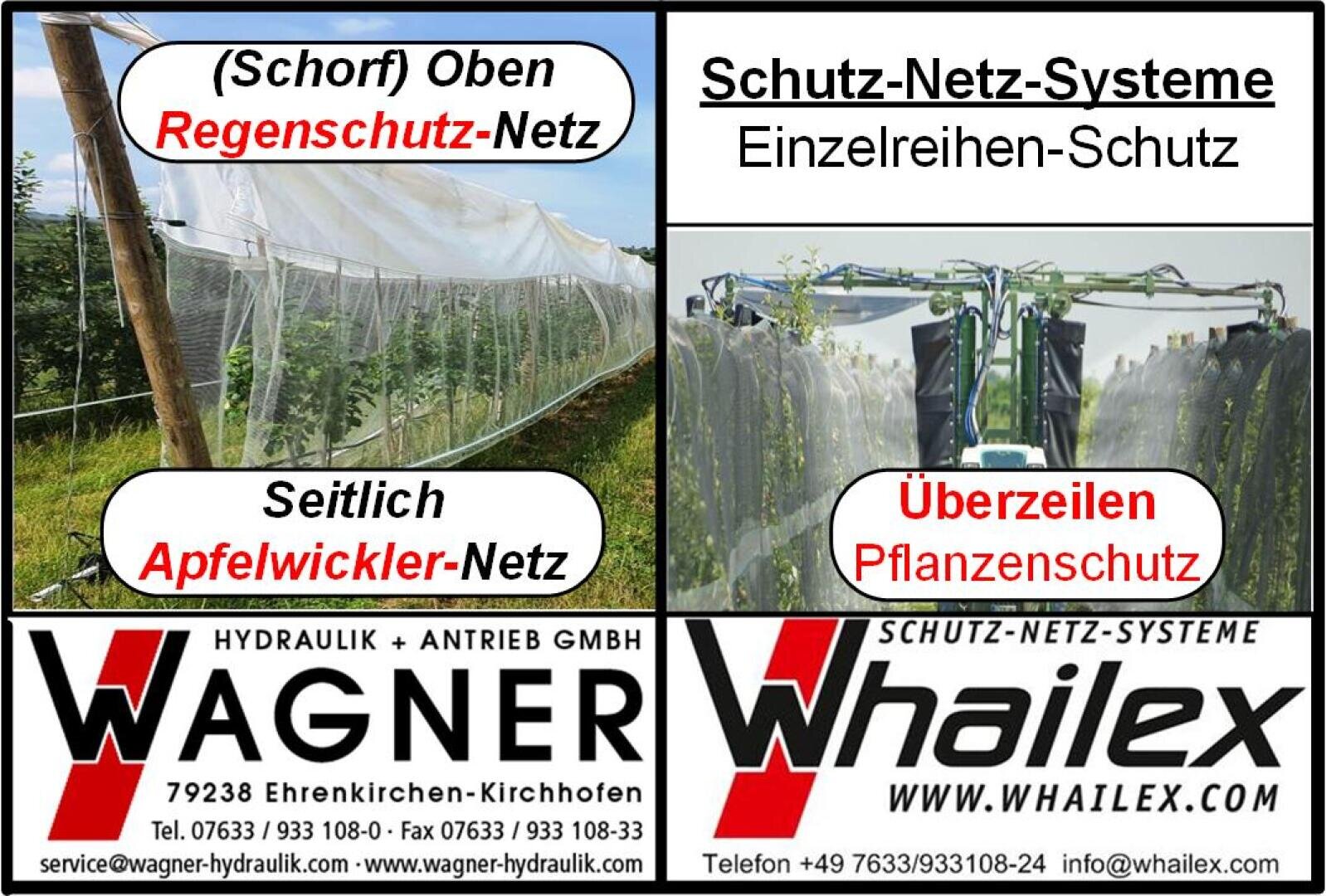 A leaflet shows two fruit tree netting systems: one that covers the top and sides to protect against rain and pests, and one that covers individual rows. Company information on Wagner and WhailEx can be found at the end of the leaflet.