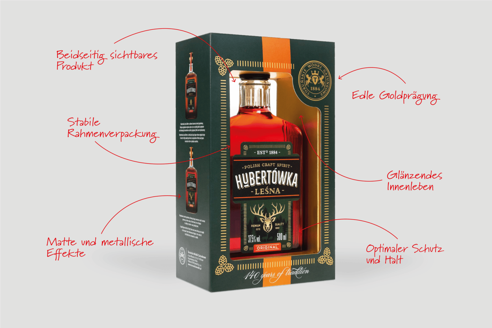 A bottle of Hubertówka Leśna liqueur in a decorative box. The red text highlights the features of the packaging: double-sided visibility, sturdy frame, matt and metallic effects, gold embossing, glossy inside and optimum protection.