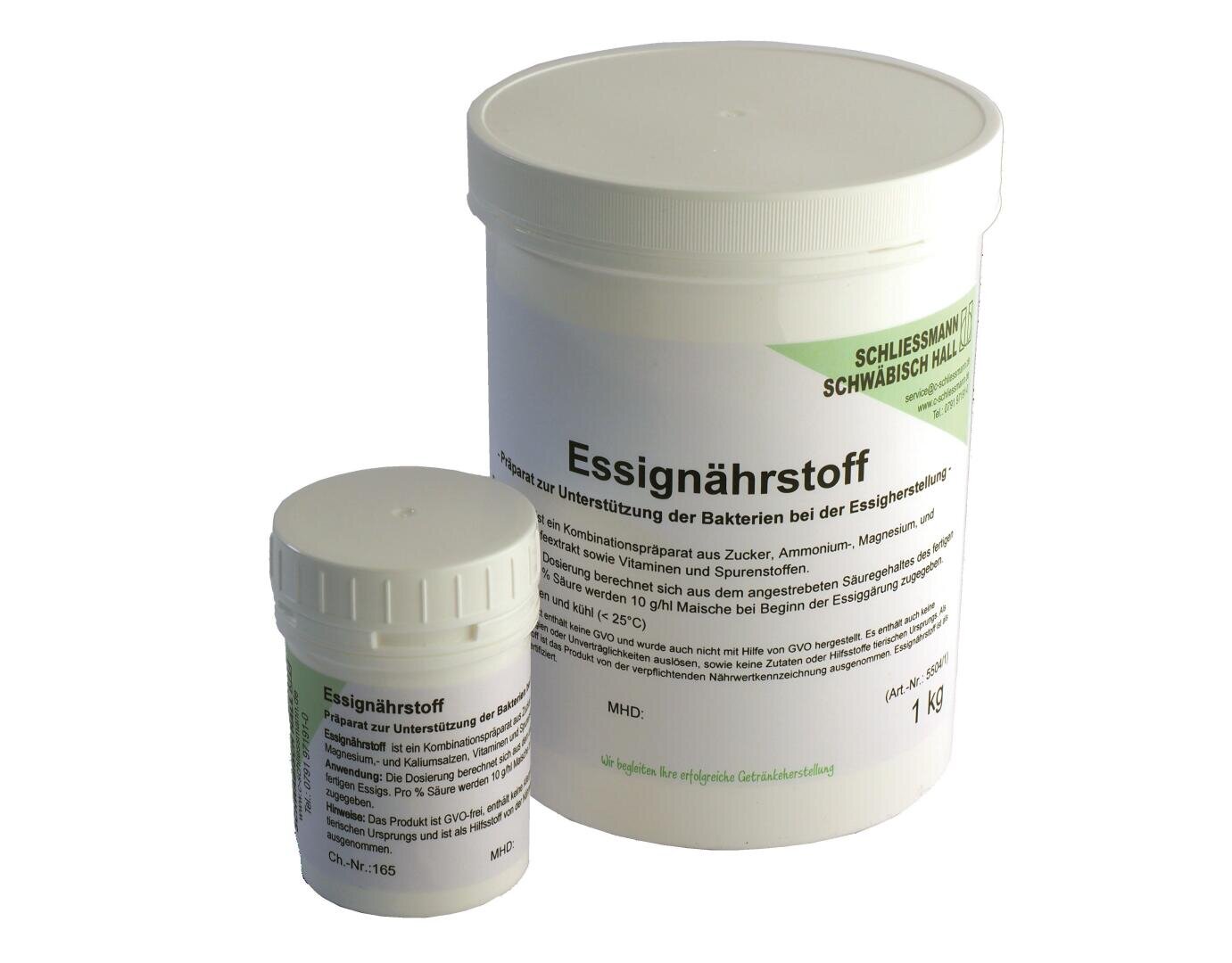 Two white plastic containers with labels in German on which Essignährstoff is written. The larger container holds 1 kg and is placed behind the smaller container. Both containers have white lids and are intended for laboratory or scientific use.