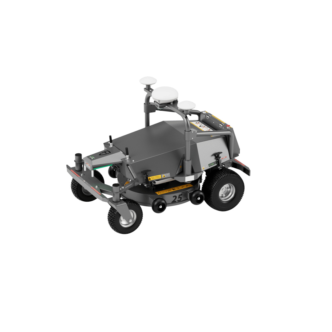 A gray, four-wheeled autonomous lawnmower with antennas, sensors and various controls, designed for industrial or commercial use, shown on a plain white background.