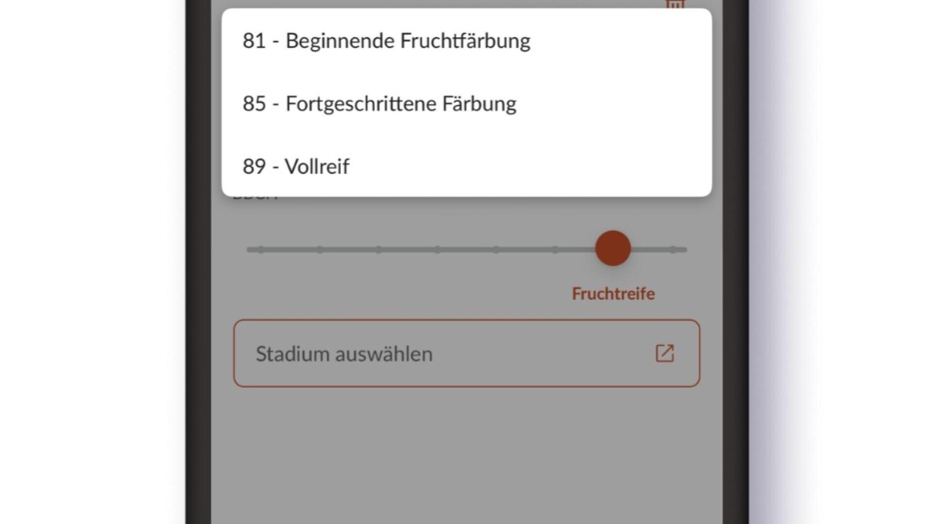 A menu with three options is displayed on the screen of a smartphone: 81 - Beginning fruit coloration, 85 - Advanced coloration, and 89 - Fully ripe. Below this is a slider labeled Fruit ripeness.
