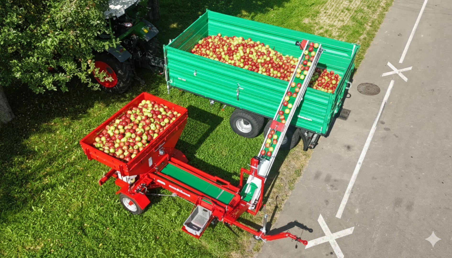 Luftaufnahme einer roten Apfelerntemaschine, die Äpfel auf einen grünen Anhänger lädt, der an einen Traktor angehängt ist, neben einer gepflasterten Straße und grünem Gras.