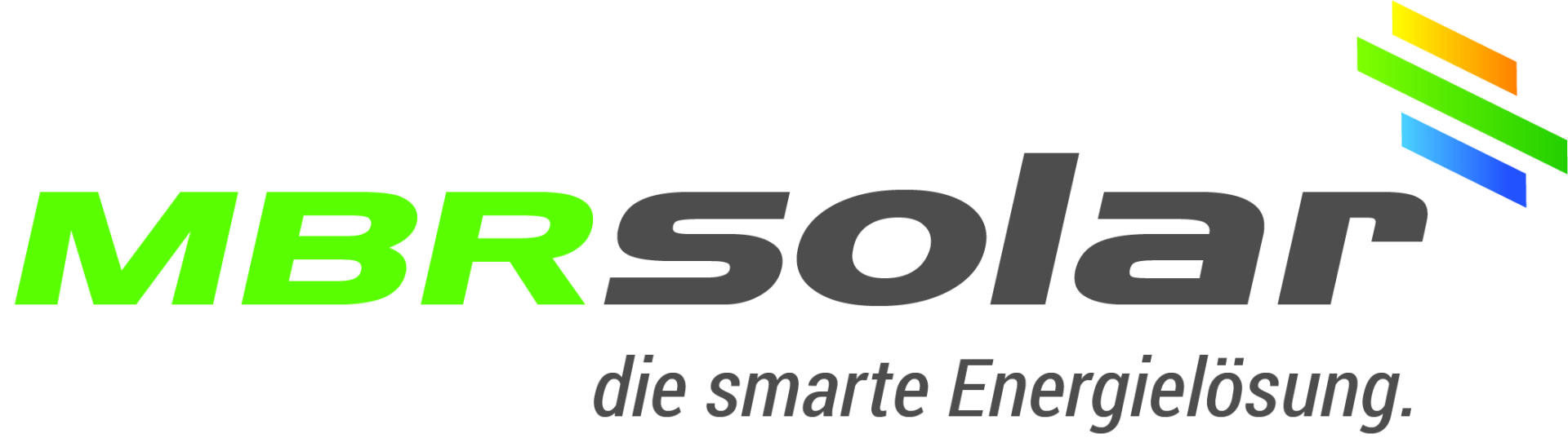 Logo für MBRsolar mit MBR in hellem Grün und Solar in Grau. Oben rechts befinden sich drei gewinkelte Linien in Grün, Blau und Orange. Darunter lautet der deutsche Text "Die smarte Energielösung".