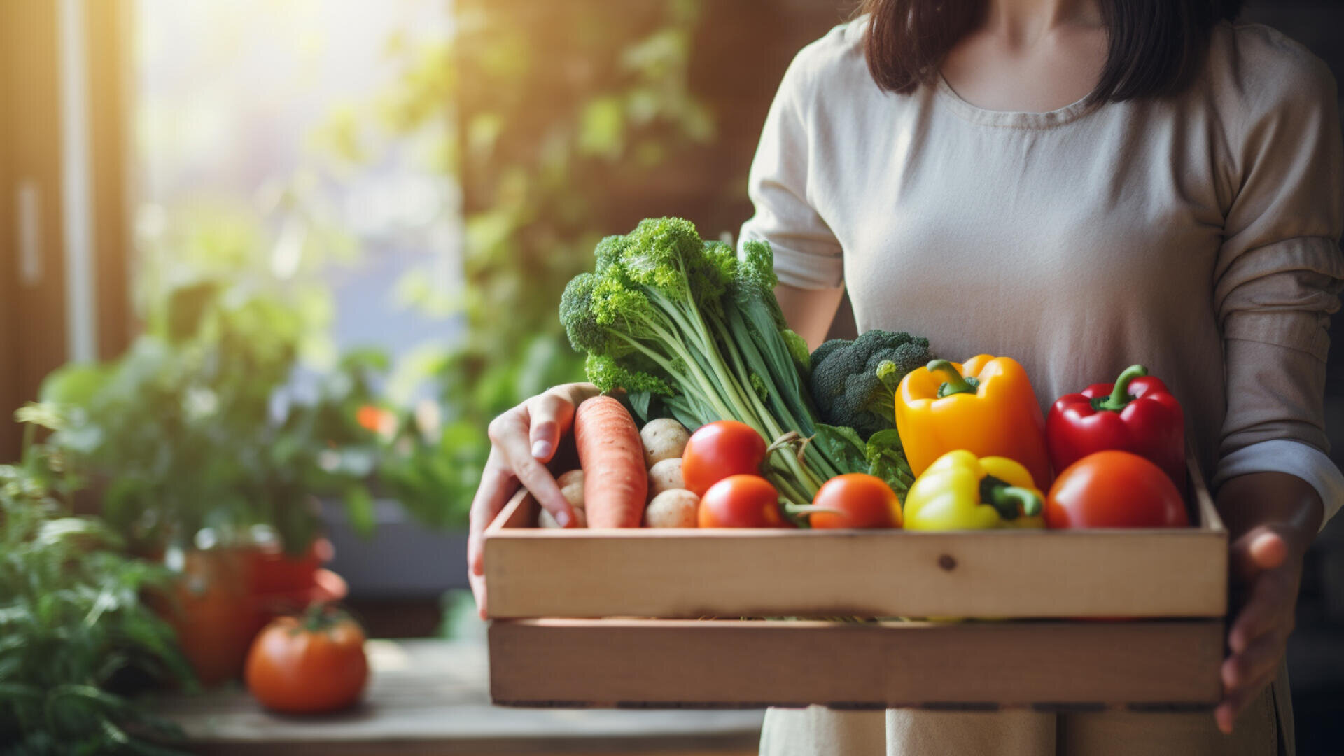 A woman holds a wooden crate filled with fresh vegetables, including carrots, broccoli, bell peppers, and tomatoes, in a sunlit kitchen with greenery visible in the background.