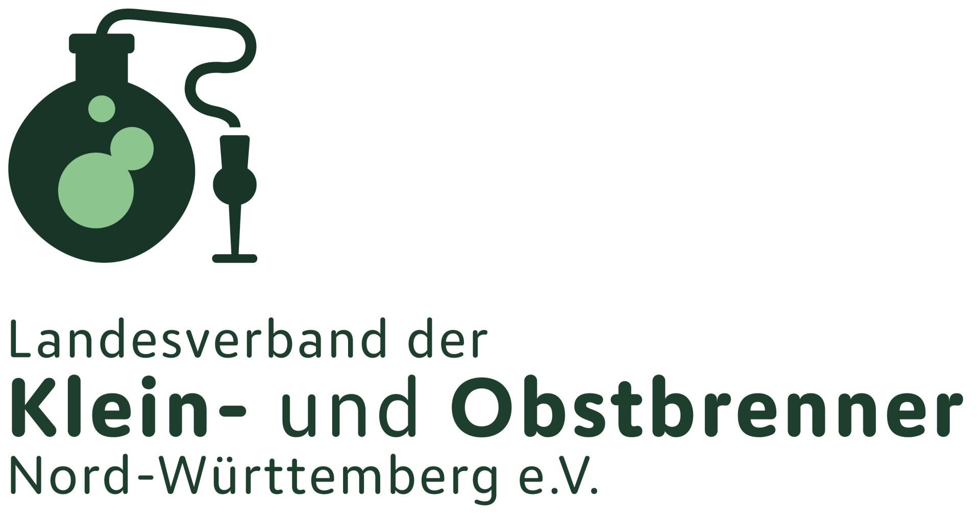 Logo des Landesverbandes der Klein- und Obstbrenner Nord-Württemberg e.V. mit stilisiertem Destillationsapparat und grüner Flüssigkeit, darunter der Name der Organisation in deutscher Sprache.