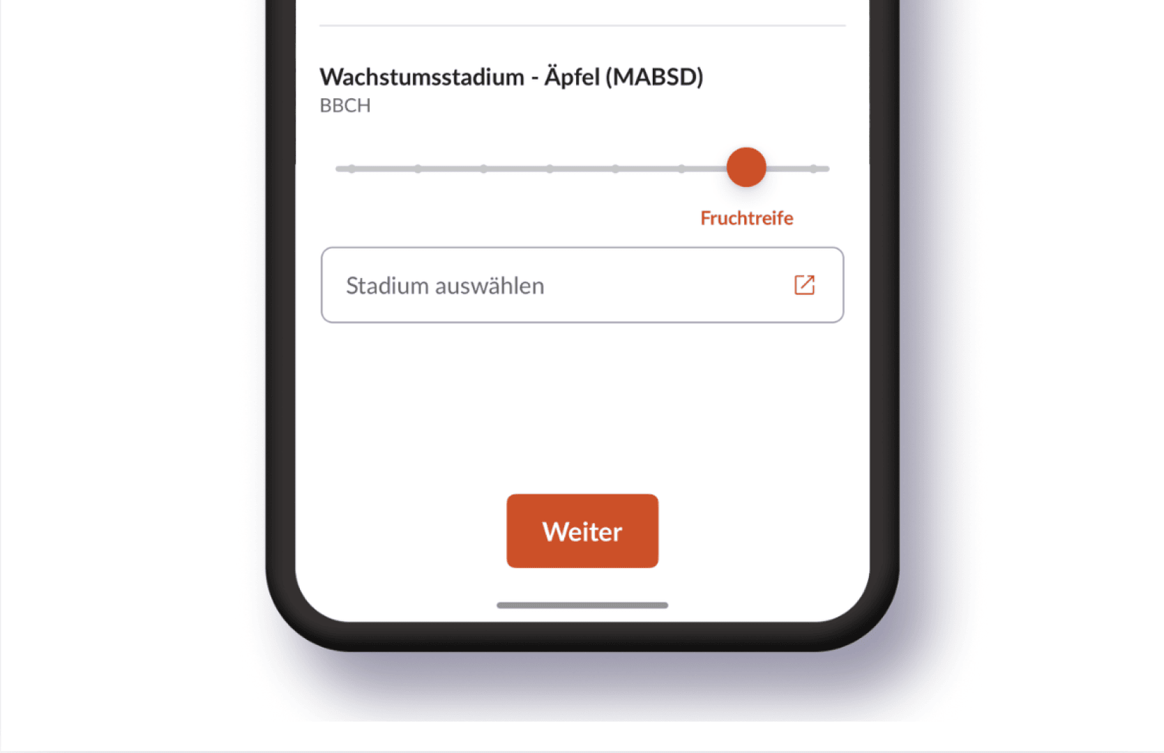 A smartphone screen shows a form in German with a slider for the fruit ripeness of apples, a drop-down menu and an orange "Next" button at the bottom.