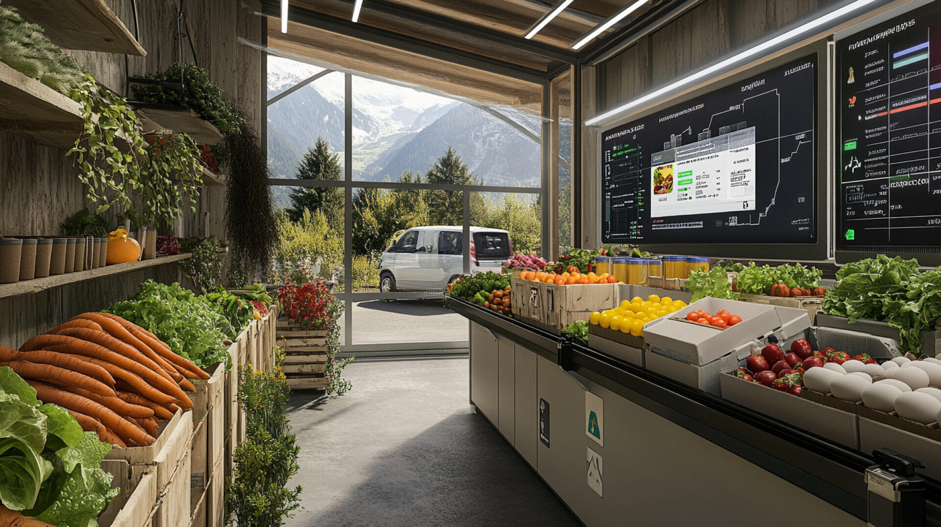 Ein moderner, kleiner Lebensmittelladen mit frischem Gemüse und Eiern in Holzkisten; große Fenster geben den Blick auf einen Lieferwagen im Freien und die Berge im Hintergrund frei, während ein digitaler Bildschirm an der Wand Informationen zu den Produkten anzeigt.