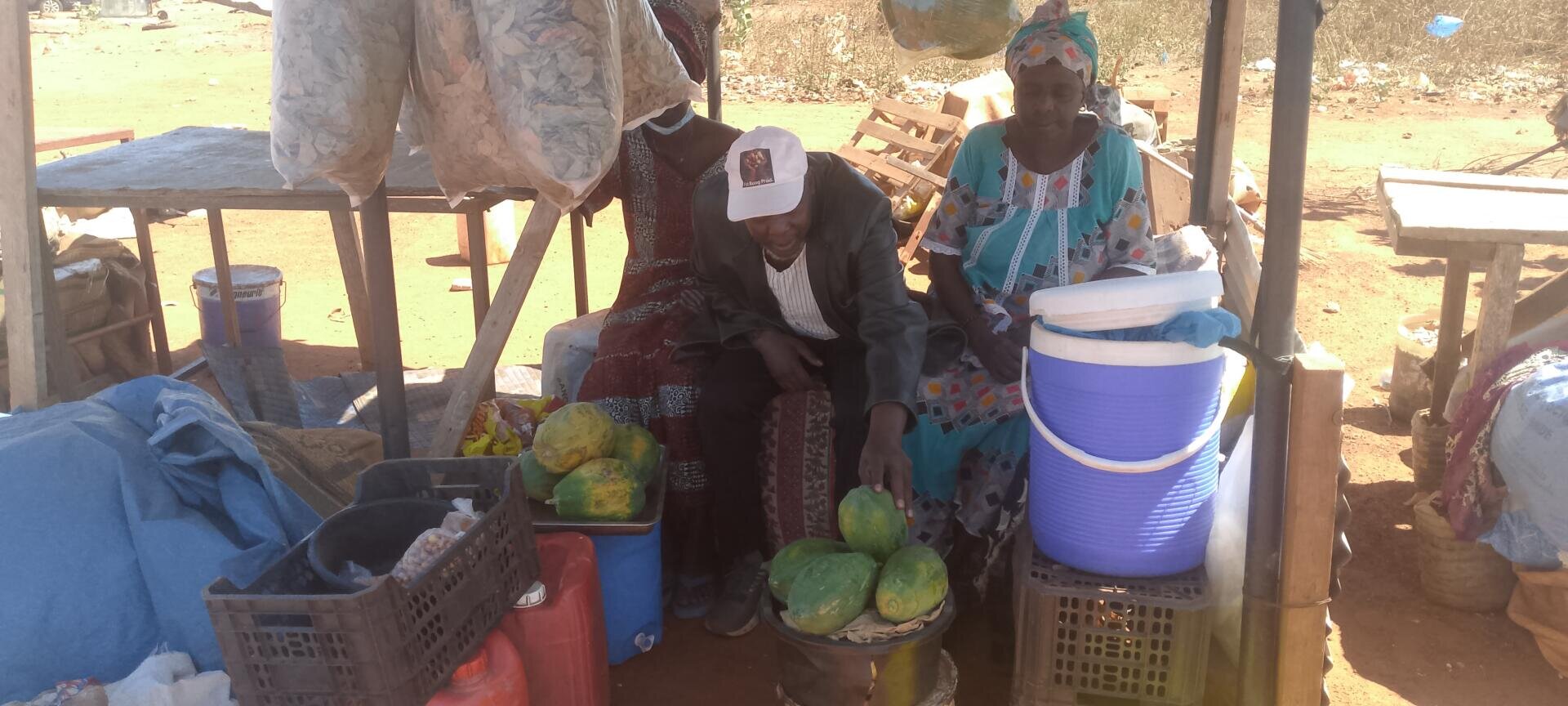 A man and a woman are sitting at an outdoor market stall where green papayas are on display. The man points to the fruit while the woman sits next to a large blue and white cool box. Bags hang above them and crates surround the stall.