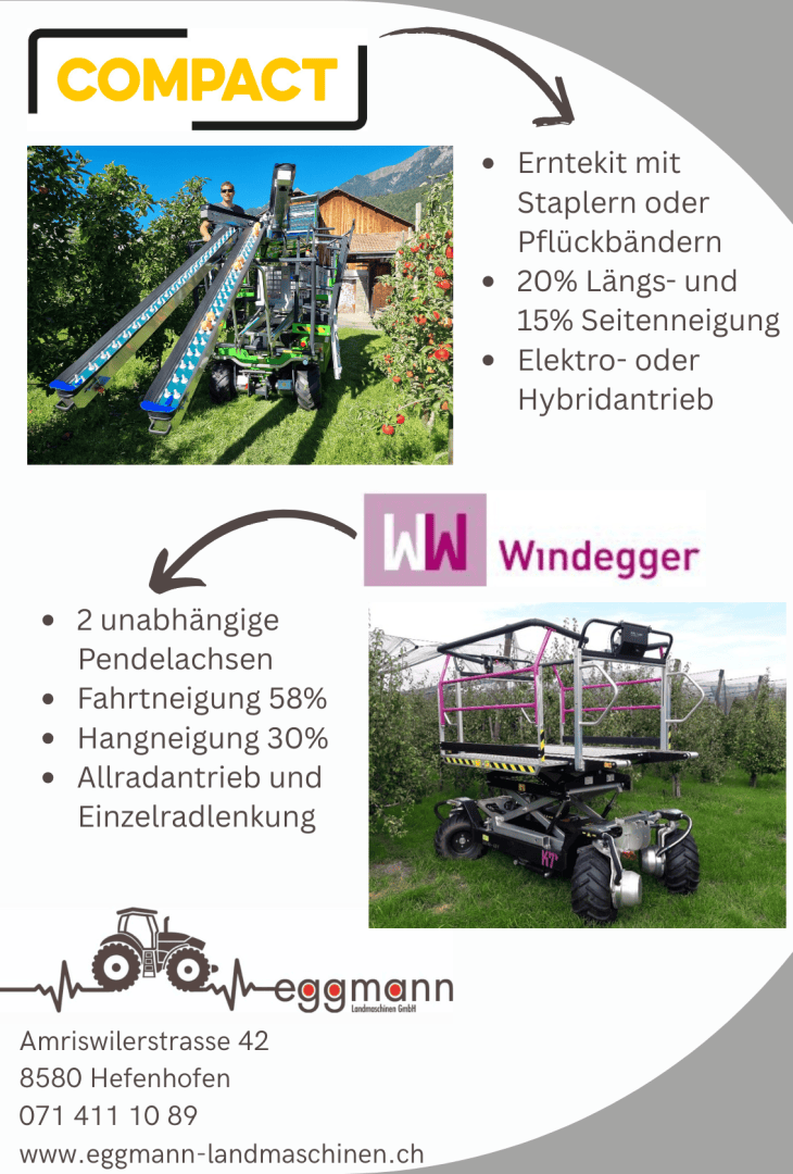 Ein Flugblatt, das zwei moderne Landmaschinen für die Ernte zeigt, mit einem deutschen Text, der die Eigenschaften der Modelle Compact und Windegger beschreibt, und den Kontaktdaten des Herstellers Eggmann Landmaschinen.