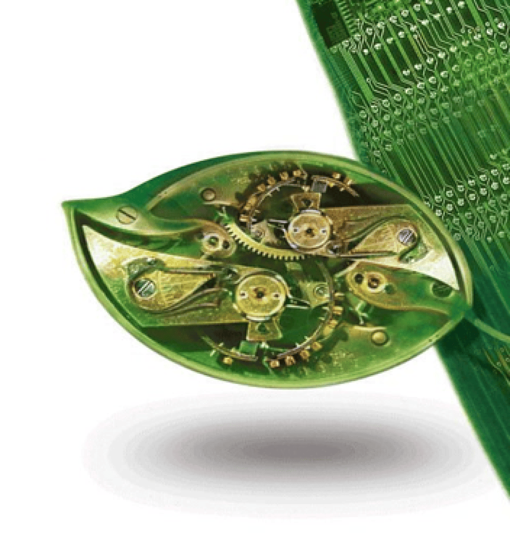 A green leaf that is partially fused with a circuit board. The leaf contains visible metallic gears and mechanical parts that combine nature and technology.