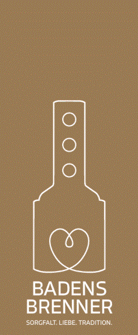 Minimalistische Strichzeichnung eines Destillationsapparats mit einer Herzform am Sockel, auf braunem Hintergrund. Darunter steht der Text: BADENS BRENNER. Sorgfalt. Liebe. Tradition.