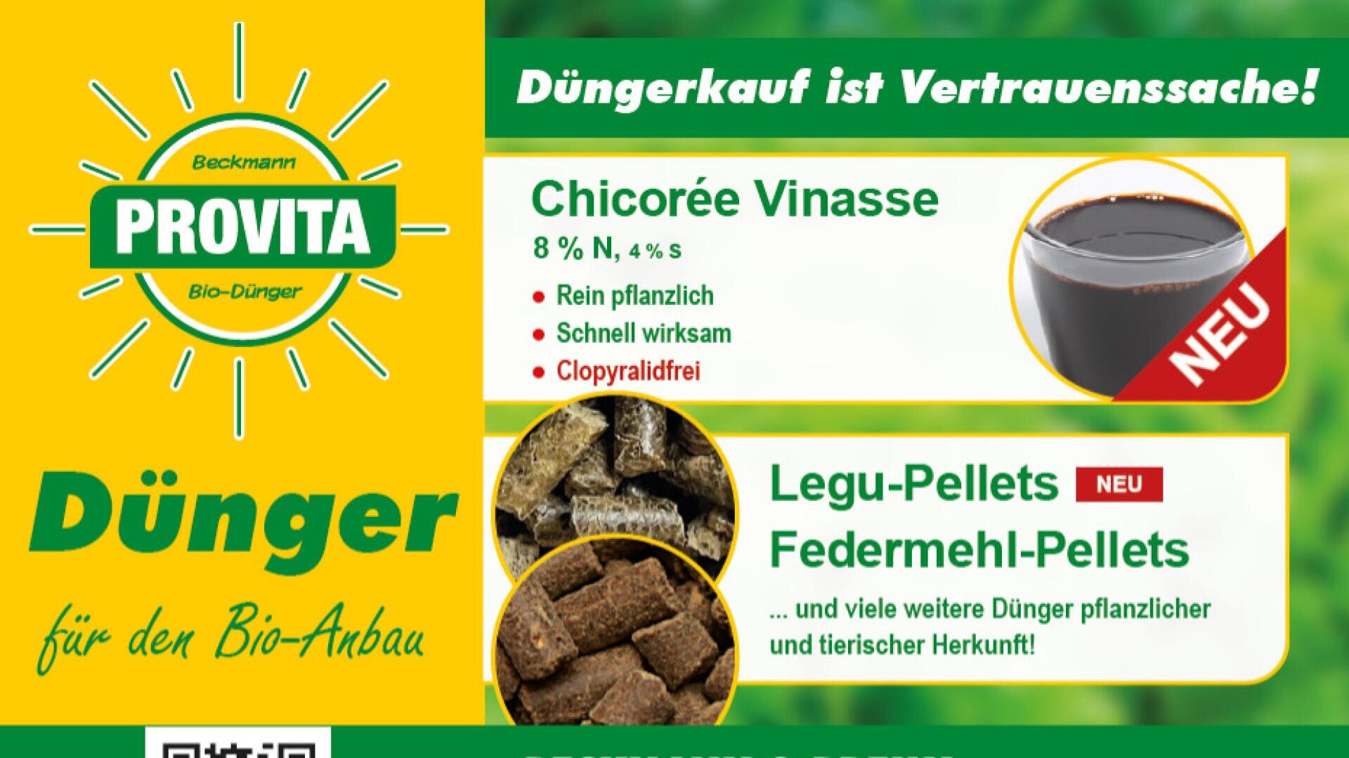 Grüne und gelbe Werbung für organischen Dünger von Provita. Enthält Bilder von Zichorienvinasse und Hülsenfruchtpellets, die als NEU gekennzeichnet sind, mit Produktdetails und der Behauptung, dass sie pflanzlich und wirksam für den ökologischen Landbau sind.