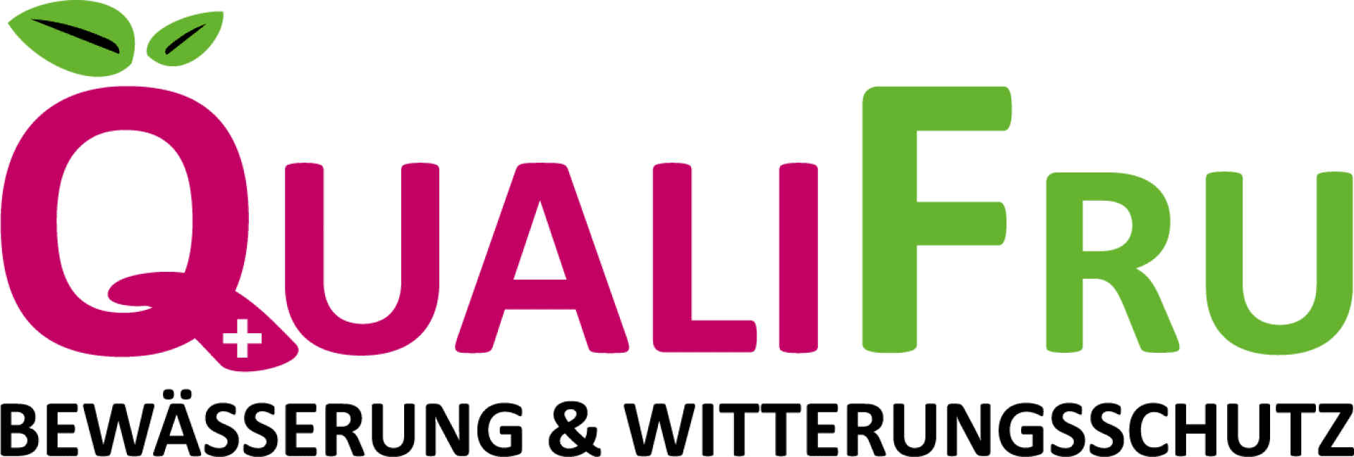 Logo mit dem Wort QualiFru in rosa und grünen Buchstaben, mit zwei grünen Blättern über dem Q. Darunter steht Bewässerung & Witterungsschutz in schwarzen Großbuchstaben.