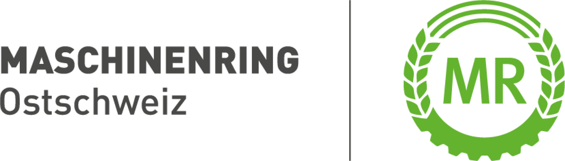 Das Logo des Maschinenrings Ostschweiz besteht aus einem fetten schwarzen Text auf der linken Seite und einem grünen, kreisförmigen Emblem mit MR in der Mitte, umgeben von stilisierten Blättern und einem Zahnrad auf der rechten Seite.