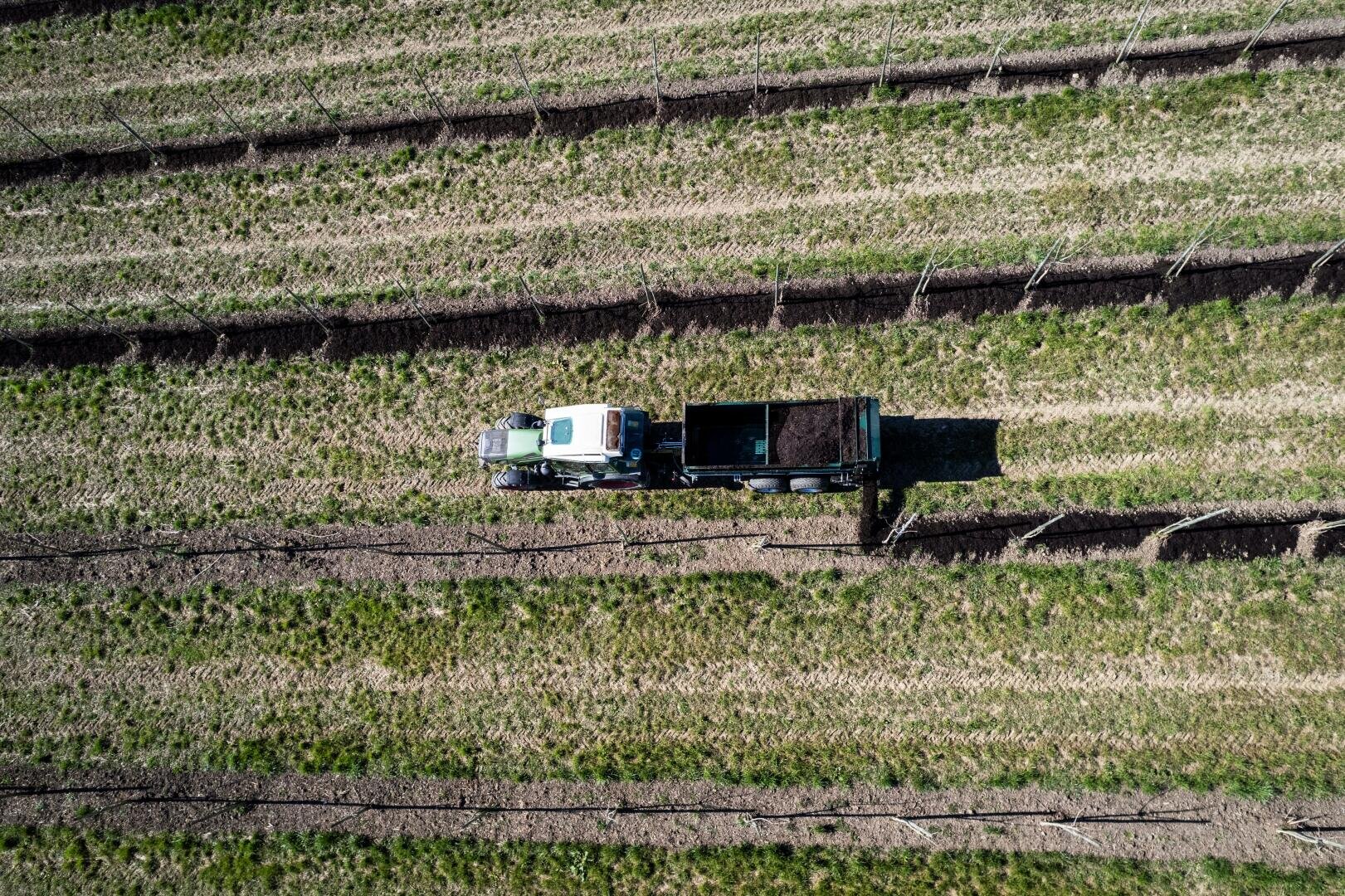 Luftaufnahme eines Lastwagens auf einem landwirtschaftlichen Feld, der zwischen Reihen von Erde und Gras geparkt ist, wobei die Ladefläche mit dunklem Material, möglicherweise Erde oder Kompost, gefüllt ist.