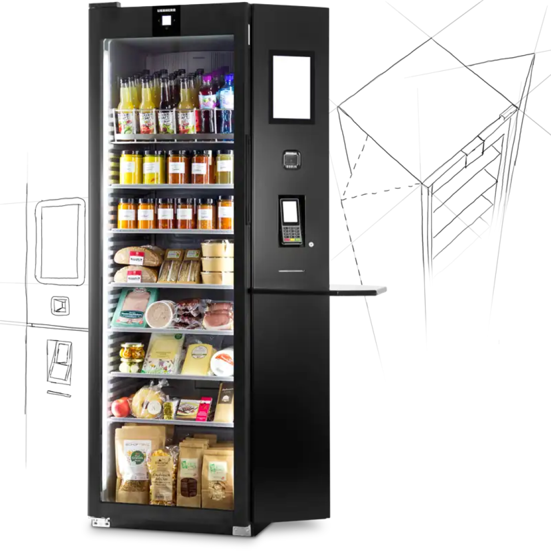 Ein moderner schwarzer Verkaufsautomat, gefüllt mit Snacks, Getränken und verpackten Mahlzeiten, steht vor einem weißen Hintergrund mit skizzierten Umrissen von Verkaufsautomaten im Hintergrund.
