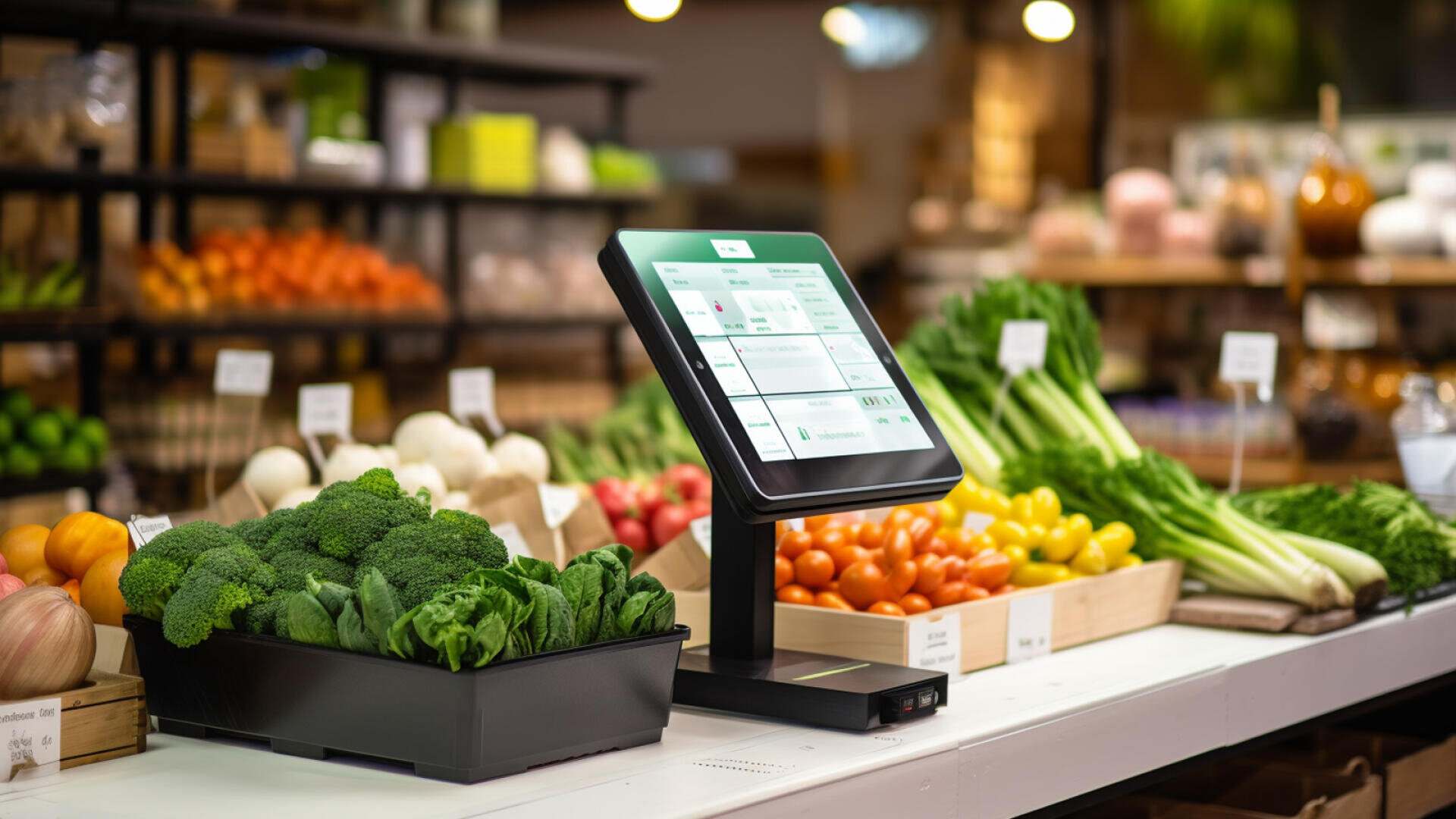 Ein Touchscreen-Kassensystem steht auf einer Ladentheke in einem Lebensmittelgeschäft, umgeben von frischem Gemüse wie Brokkoli, Tomaten, Sellerie und Pilzen. Die Produkte sind ordentlich in Holzkisten geordnet.