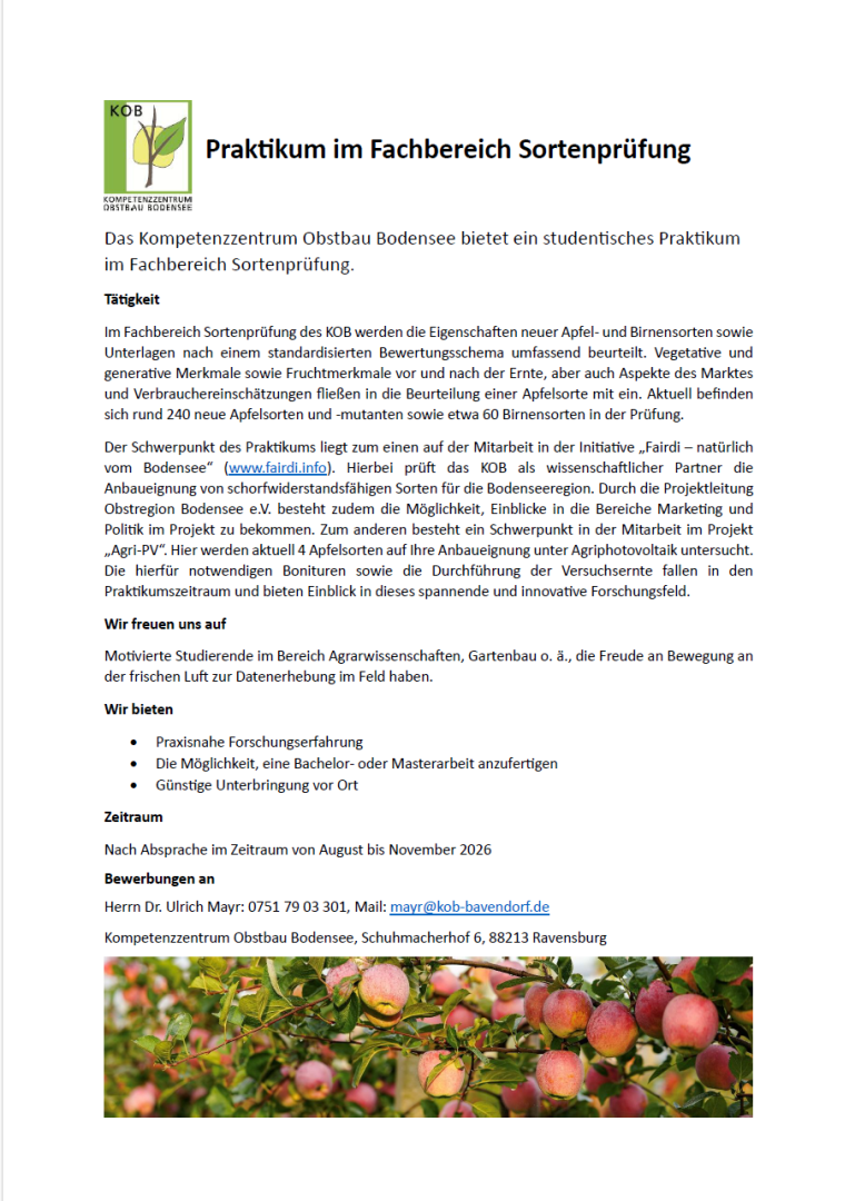 Flyer für ein Studentenpraktikum in der Obstsortenprüfung im Kompetenzzentrum Obstbau Bodensee. Enthält Aufgaben, Anforderungen und Kontaktinformationen für das Praktikum, mit einem Logo und einer Überschrift oben und Textdetails unten auf weißem Hintergrund.