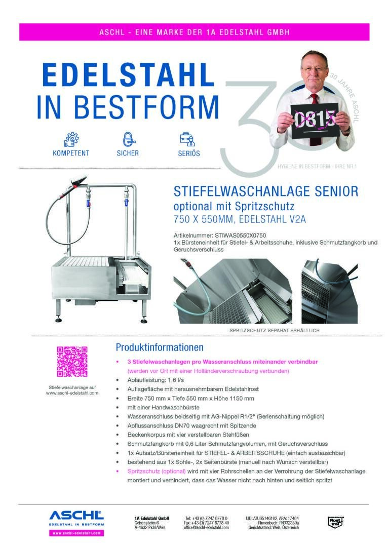 Eine Broschüre für die "Stiefelwaschanlage Senior", eine Stiefelreinigungsanlage aus rostfreiem Stahl. Sie enthält eine Produktabbildung, eine Liste der Merkmale und Kontaktinformationen zum Unternehmen. Außerdem sind ein Überschriftentext und das Porträt eines Mannes mit Brille zu sehen.