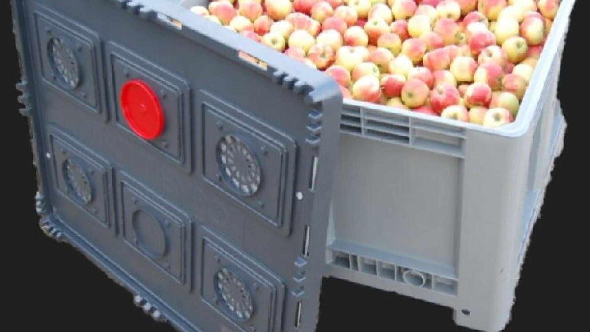 A large gray plastic crate filled with red and yellow apples is open on one side, revealing ventilation circles and a red circular seal on the door. The background is black.