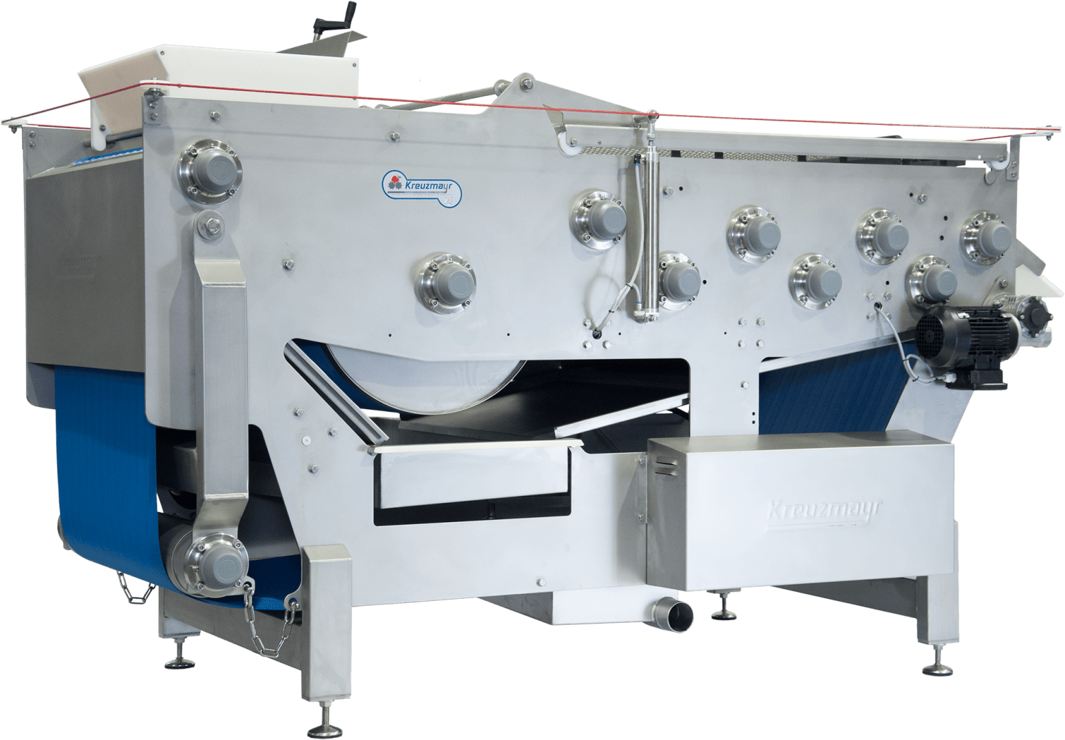 Eine große industrielle Lebensmittelverarbeitungsmaschine mit Metallgehäuse, mehreren Knöpfen, Förderbändern und einem Motor an der Seite, die für die automatische Handhabung oder das Waschen von Produkten konzipiert ist.