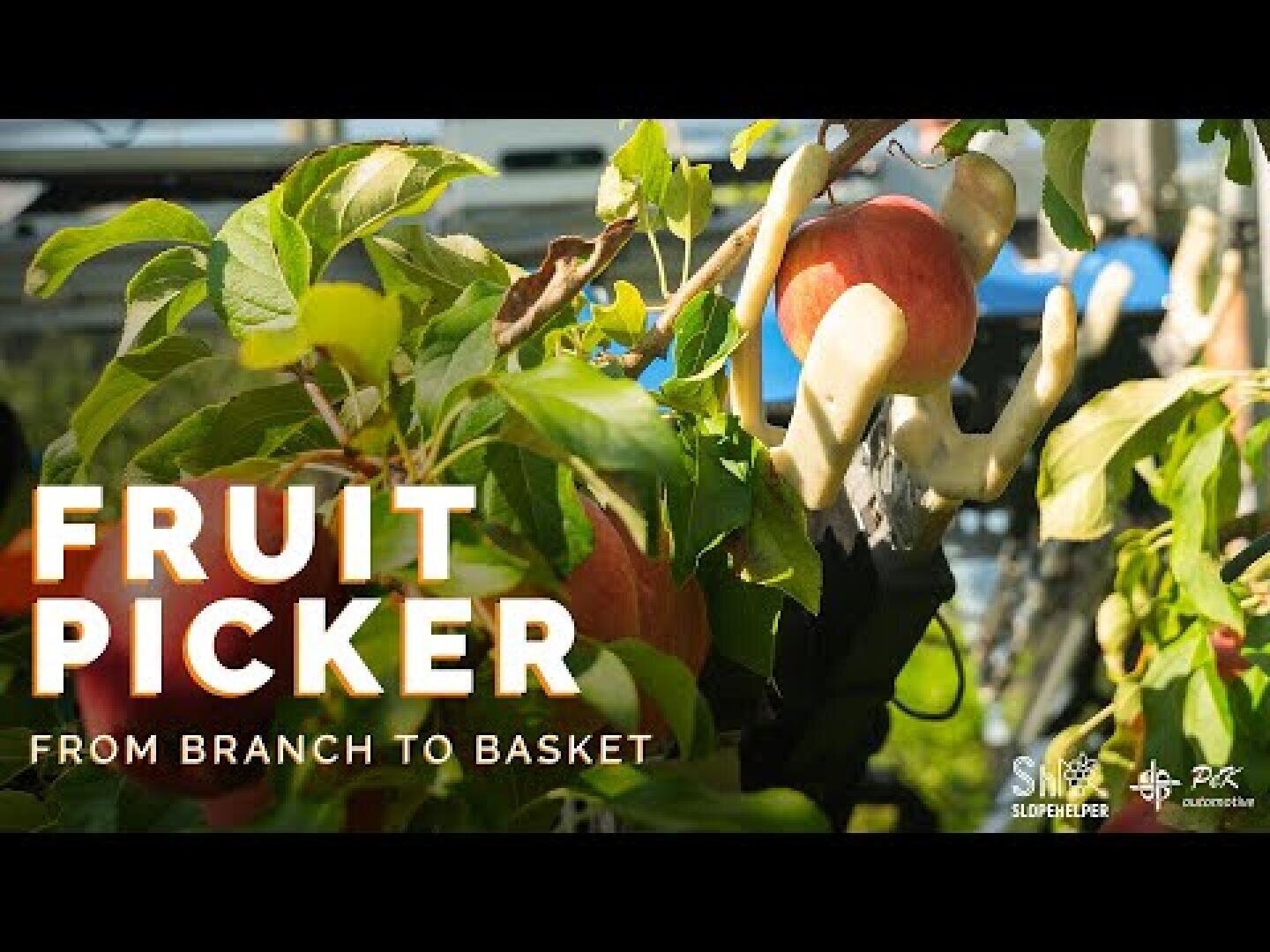 A robotic arm picks a red apple from a tree branch. The text reads: "FRUIT PICKER: FROM BRANCH TO BASKET". Lush green leaves and apples surround the robotic device.
