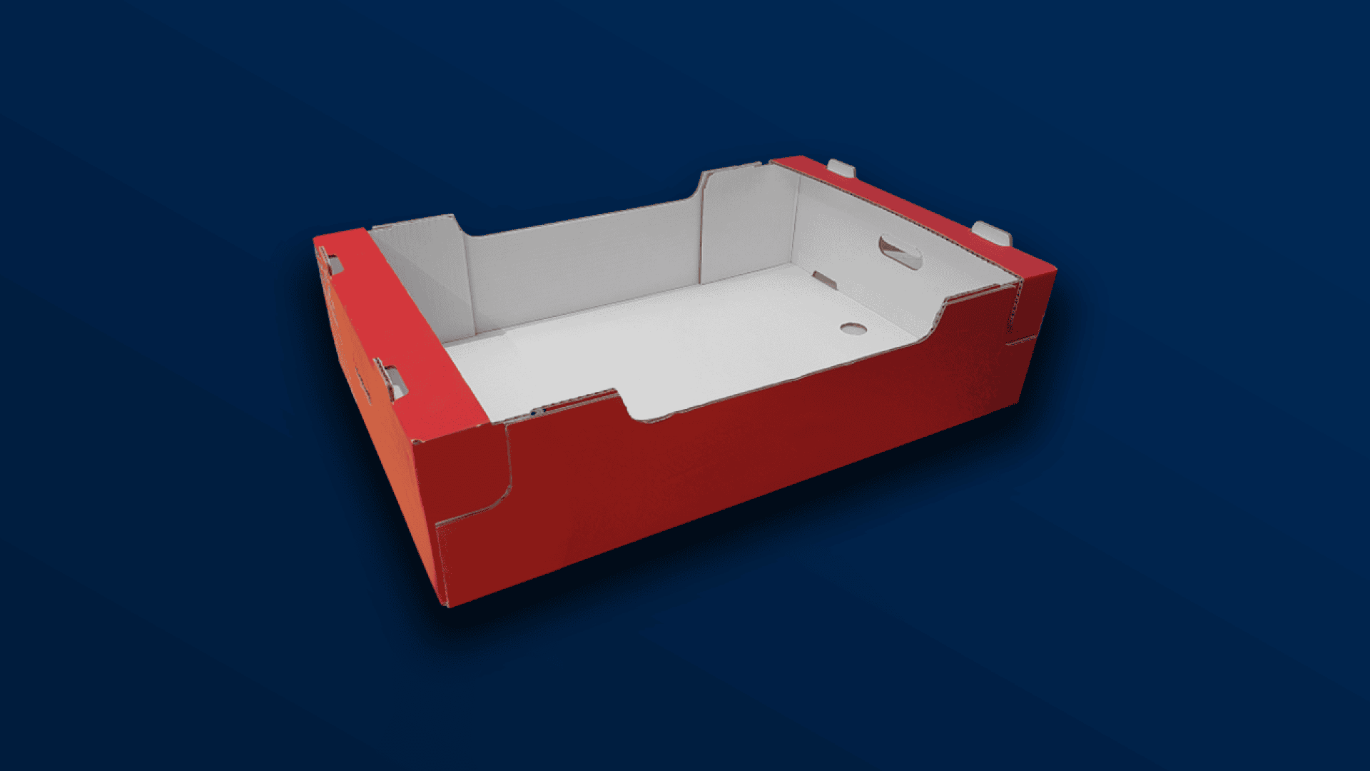 A red and white cardboard box open at the top with cut-out handles on the sides is depicted on a dark blue background.
