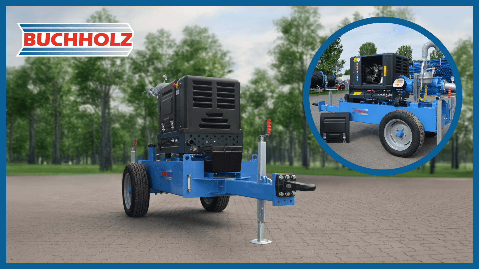 Eine blaue Industriemaschine auf Rädern steht im Freien auf einem Bürgersteig mit Bäumen im Hintergrund. Ein Einschub zeigt eine Nahaufnahme der Maschine. Das BUCHHOLZ-Logo erscheint in der oberen linken Ecke.