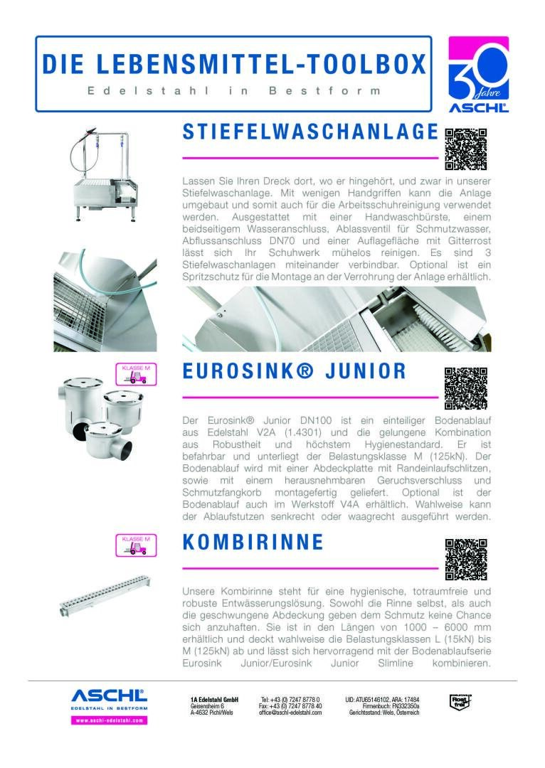 Eine deutschsprachige Broschüre präsentiert Industrieküchengeräte aus Edelstahl, darunter eine Stiefelwaschmaschine, eine Juniorspüle und einen Kombikanal, mit Bildern und Produktbeschreibungen. Blaue und violette Akzente heben wichtige Abschnitte hervor.