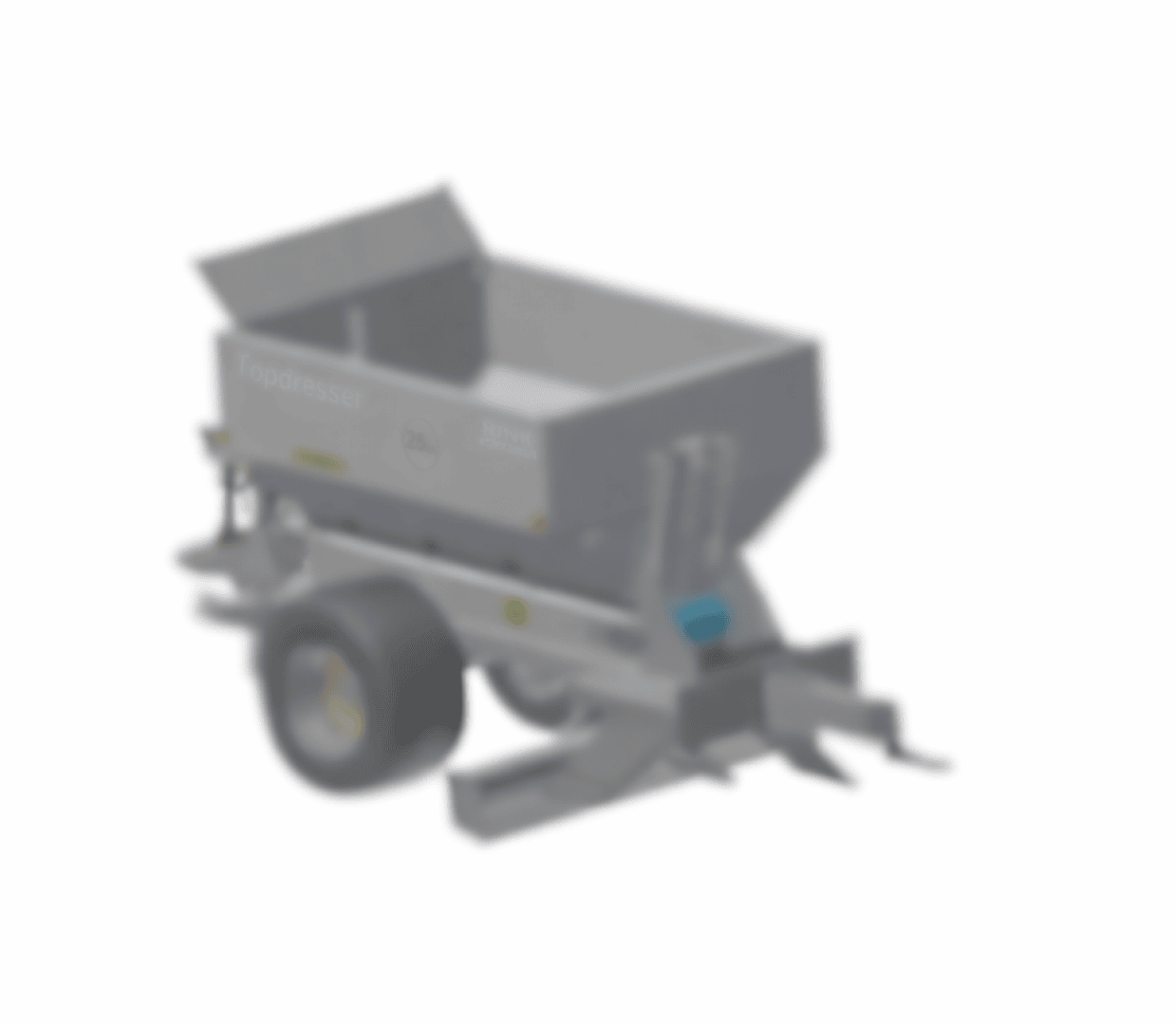 A blurred image of an agricultural or industrial trailer made of metal with a large open container, an axle, two wheels and a trailer coupling at the front.