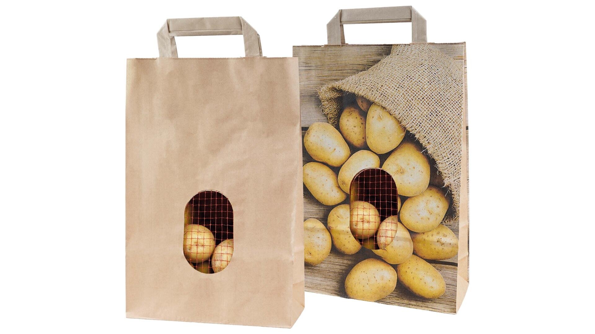 Two brown paper bags with handles. One bag is plain with a window showing potatoes and the other is printed with a picture of potatoes spilling out of a canvas sack, also with a window showing real potatoes.
