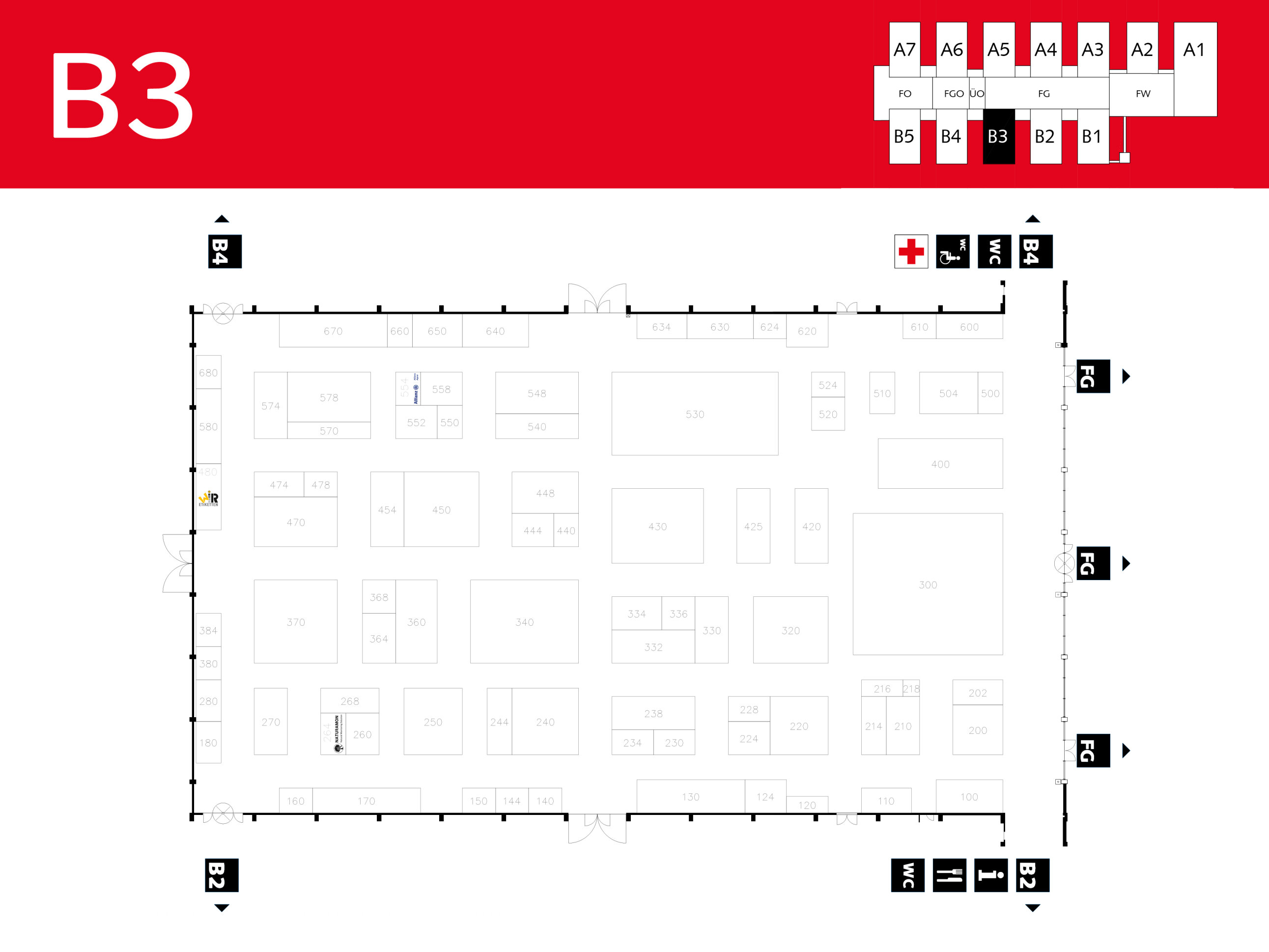 Floor plan of Hall B3 in a congress center, showing the locations of the stands and emergency exits. Symbols mark entrance, information, medical assistance, toilets and stairs. On the small map at the top right, B3 is highlighted next to other adjacent halls.